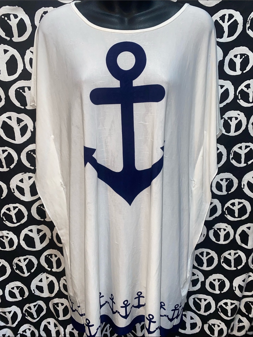 NAUTICAL SLIP DRESS SZ L DOLMAN SLEEVES SCOOP NECK WHITE/BLACK